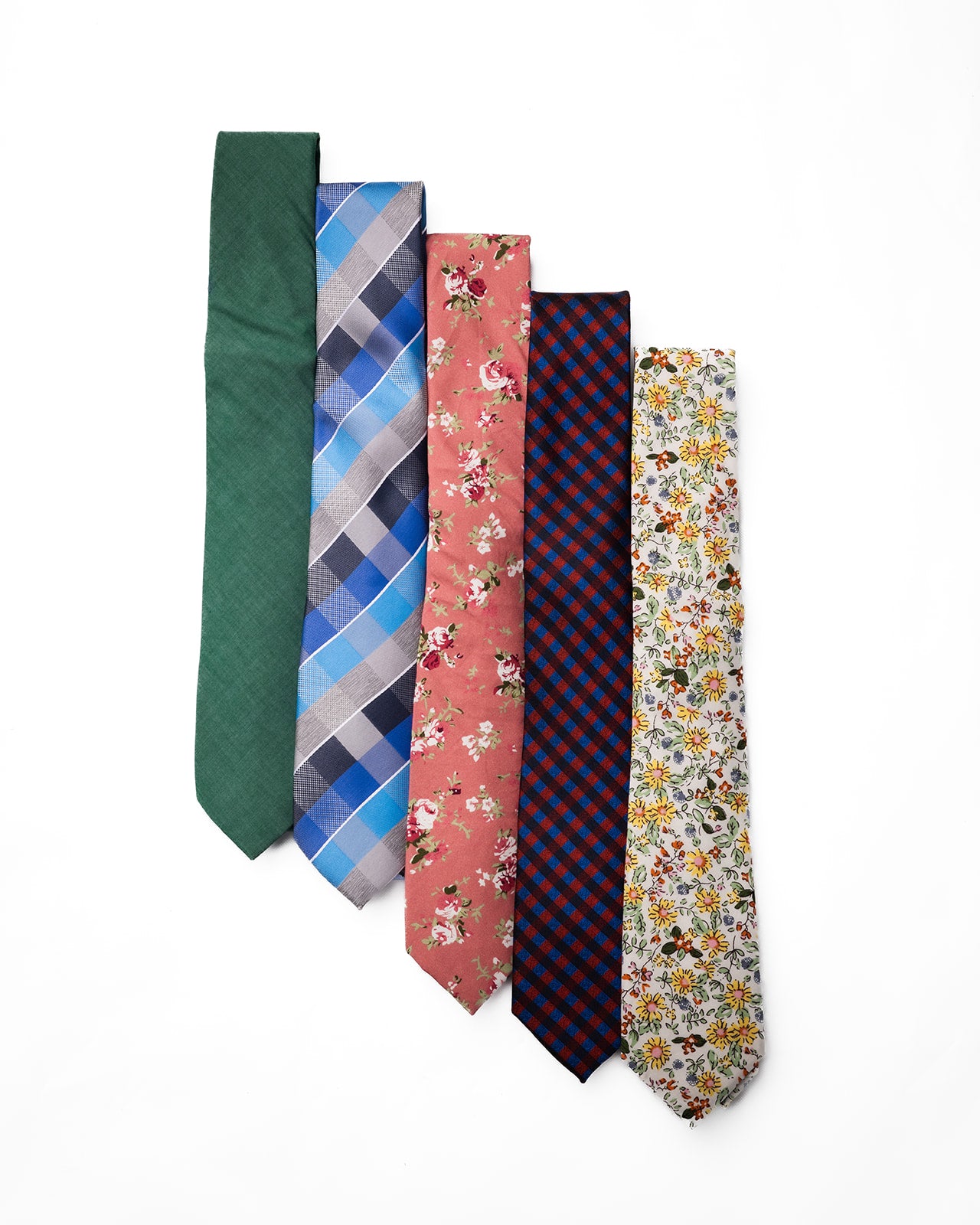 Five Rizzian pocket ties in green, blue, pink, red, and yellow patterns